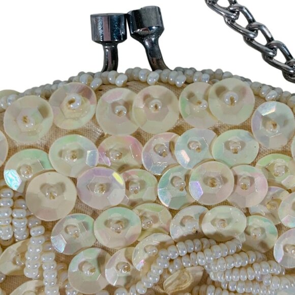 Flapper Beaded Sequined Evening Bag Kiss Clasp VTG Purse Silver Chain Strap - Picture 6 of 12